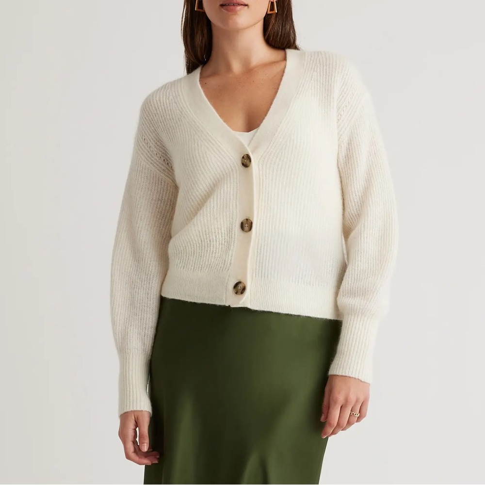 Quince Baby Alpaca-Wool Cropped Cardigan - Ivory - Size M